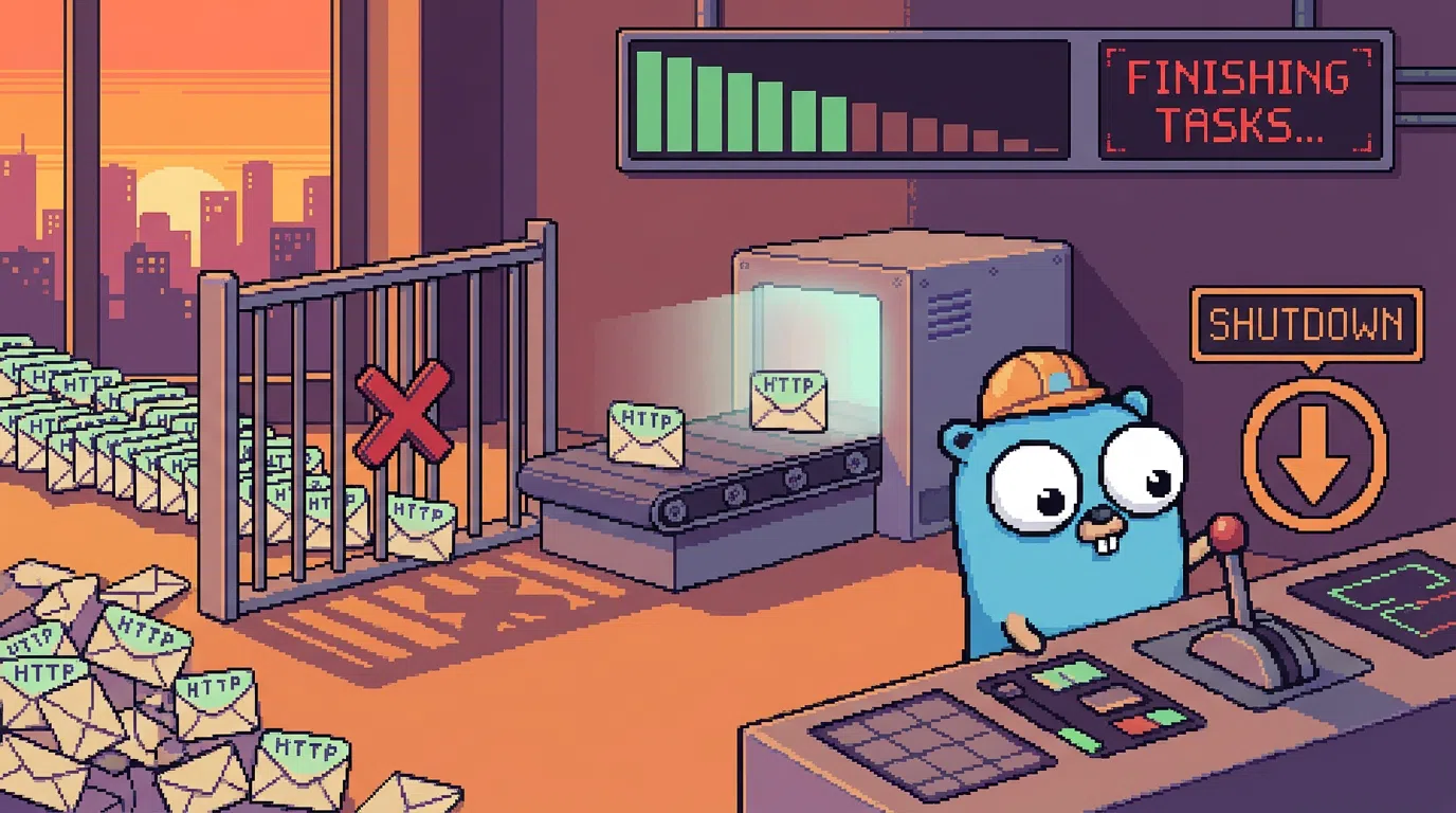 A graceful shutdown sequence for Go HTTP servers: signals, readiness, request draining, deadlines, and a bounded wait for background workers.