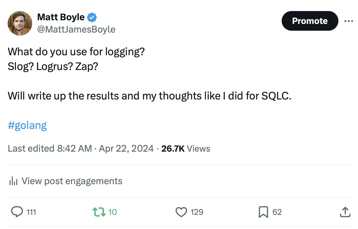 a tweet asking go users what log library they used